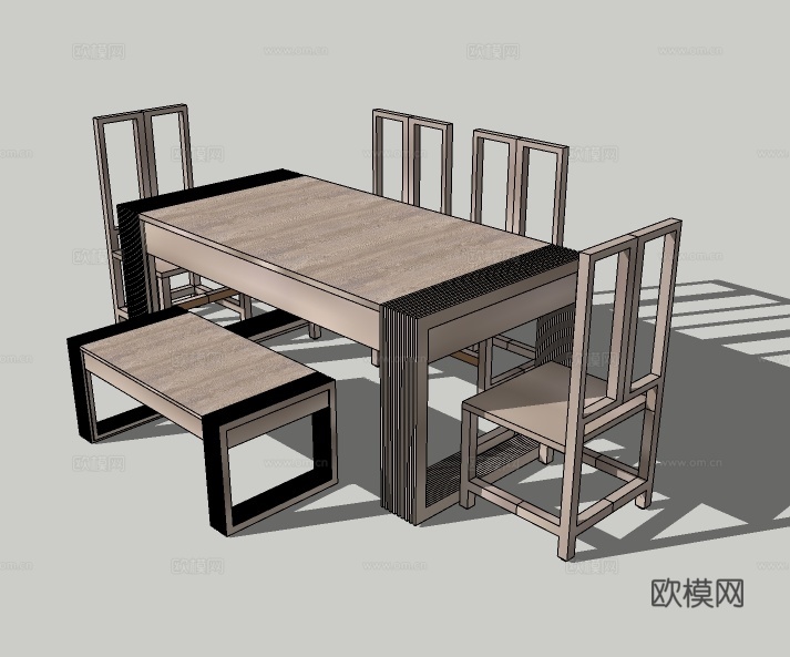 新中式实木餐桌椅su模型下载
