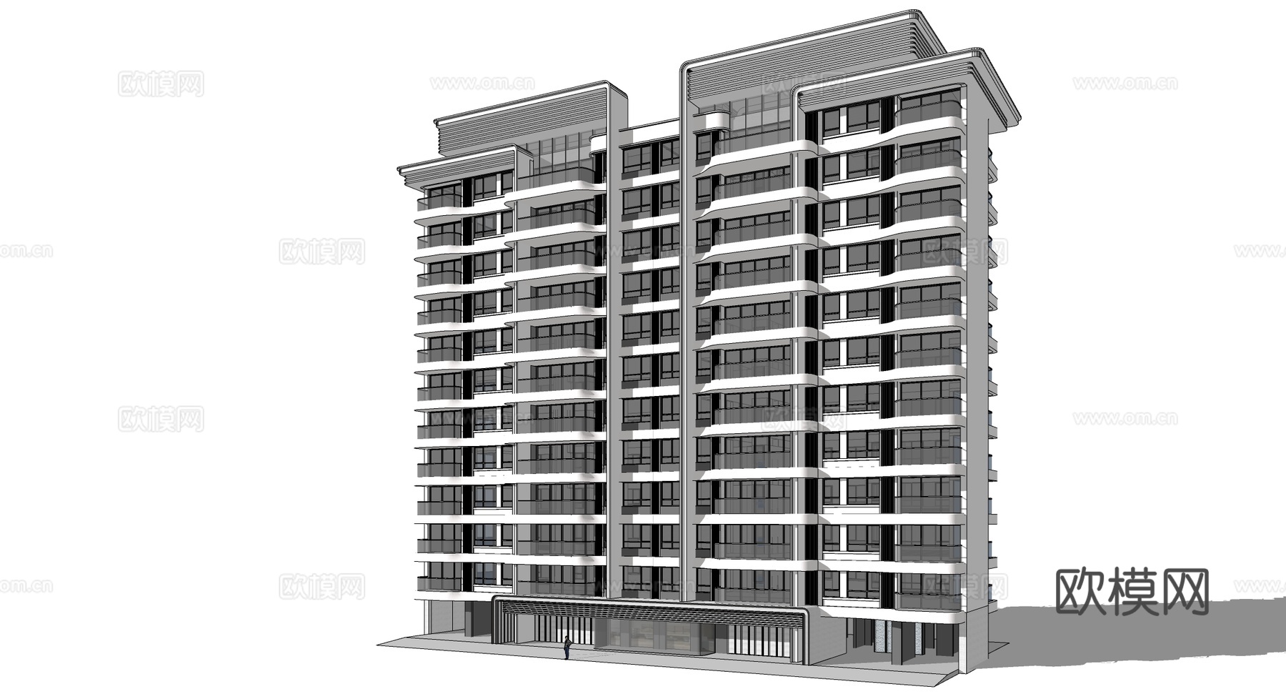 现代高层住宅楼建筑外观su模型下载