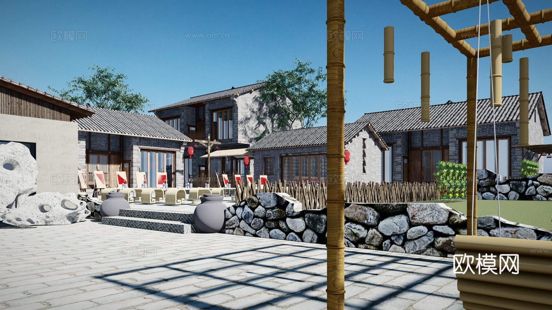 新中式乡村民宿建筑外观su模型下载