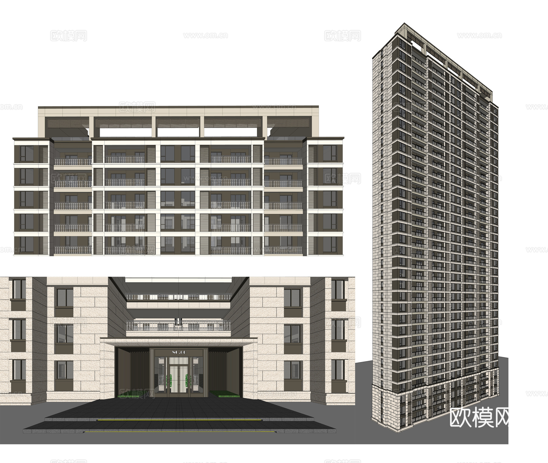 新中式住宅楼建筑外观su模型下载