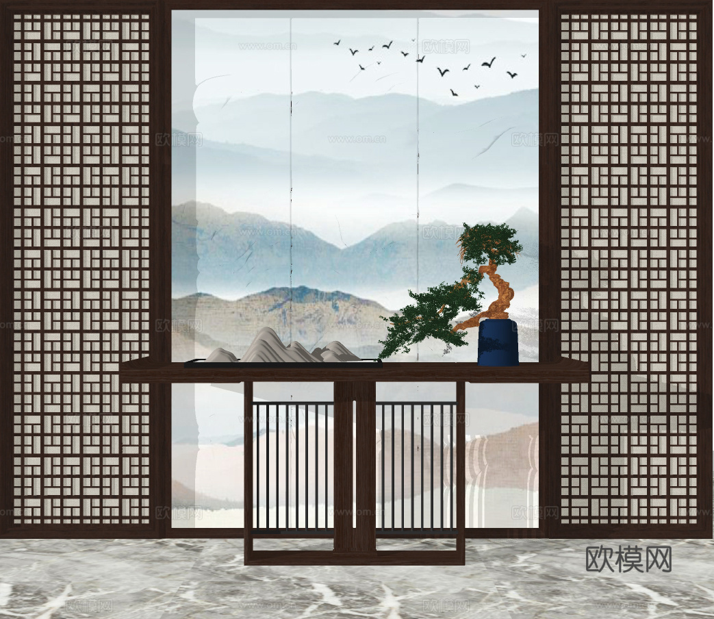 新中式实木端景条案su模型下载