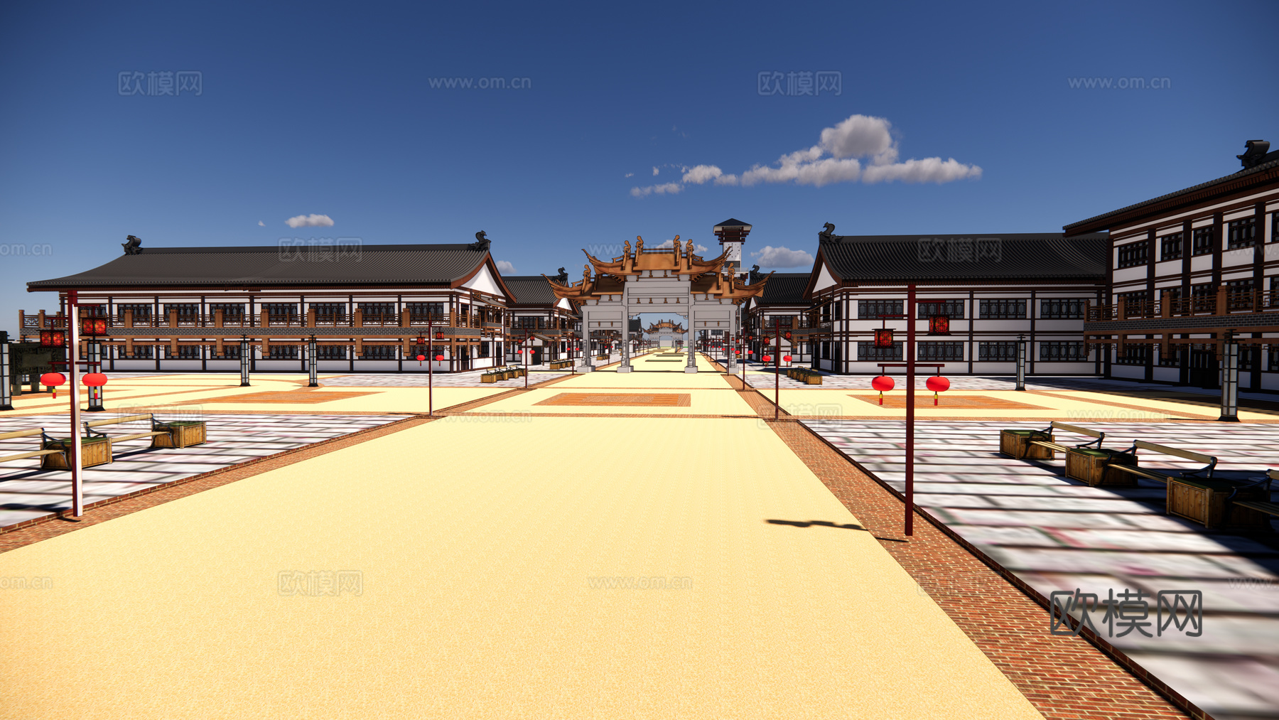 新中式唐风商业街su模型下载