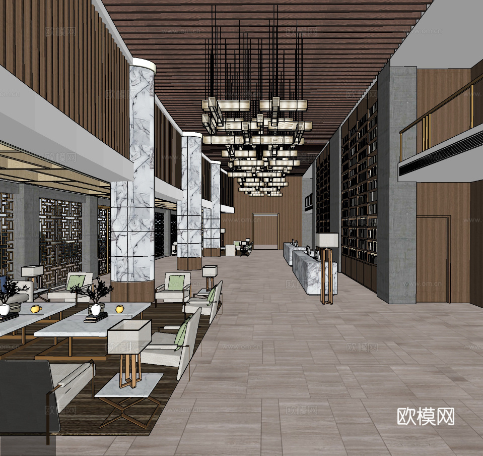 新中式酒店大堂吧su模型下载