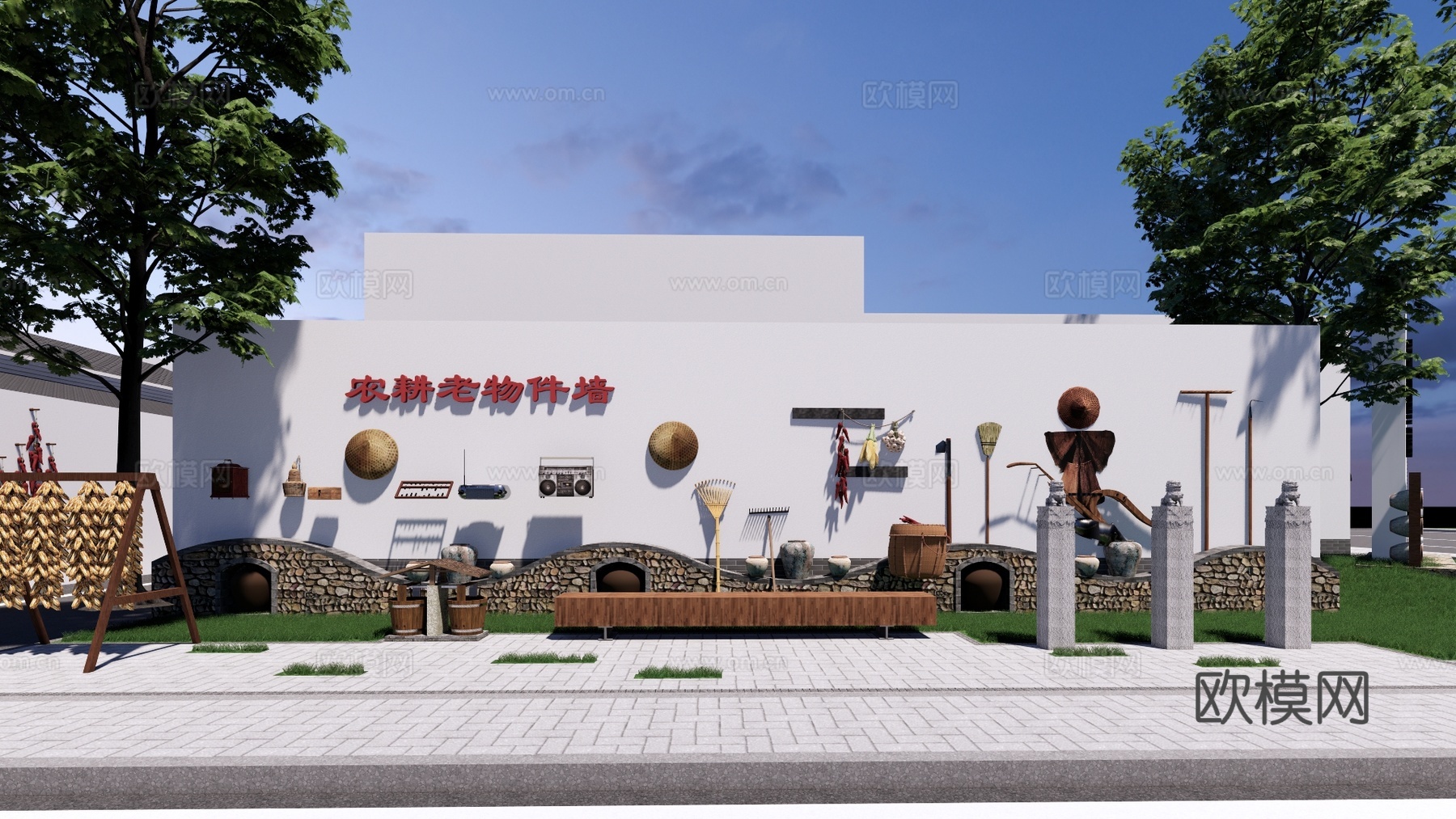 新中式乡村文化景观墙su模型下载