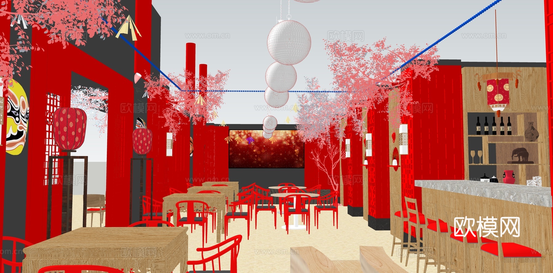 新中式中餐厅su模型下载