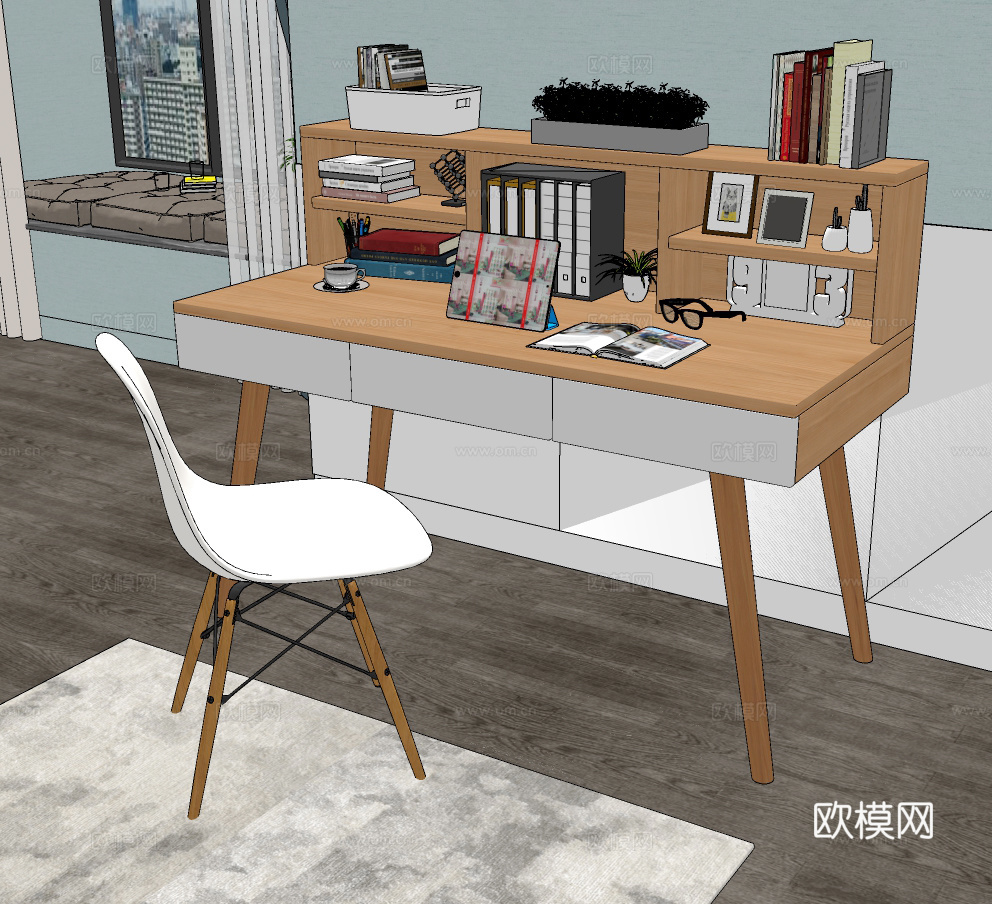 北欧实木书桌椅su模型下载