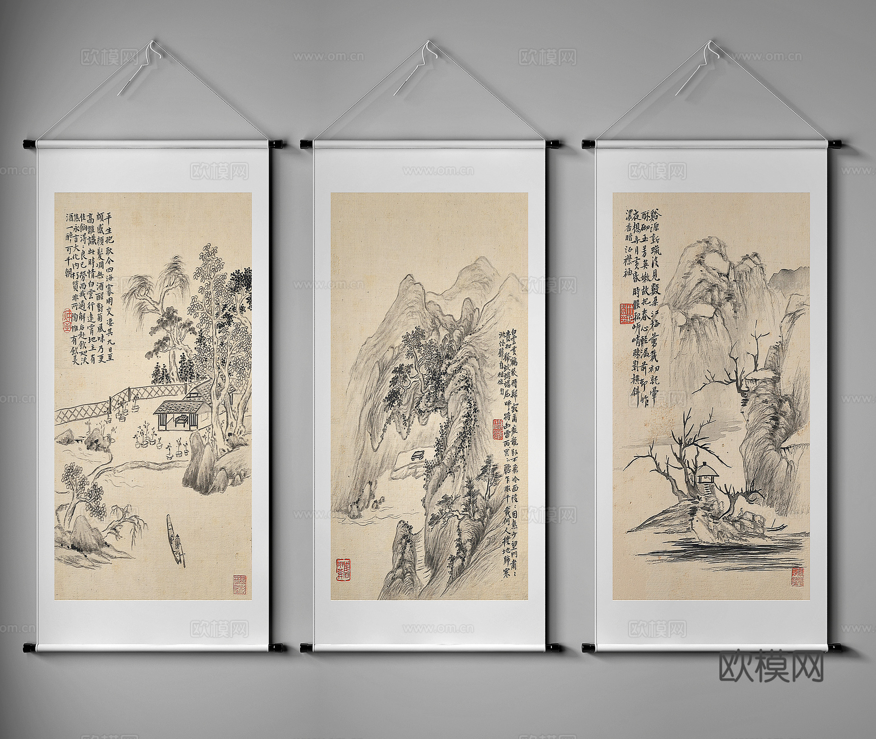 新中式卷轴山水装饰画su模型下载