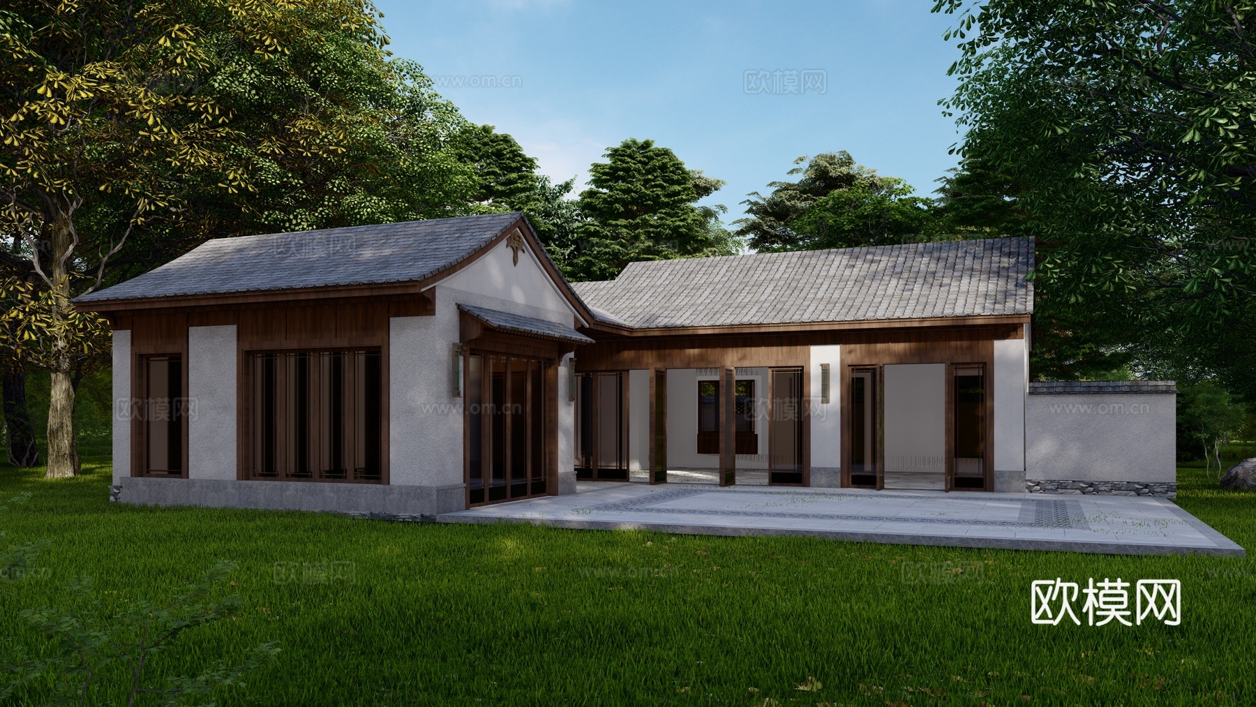 新中式民宿建筑外观su模型下载