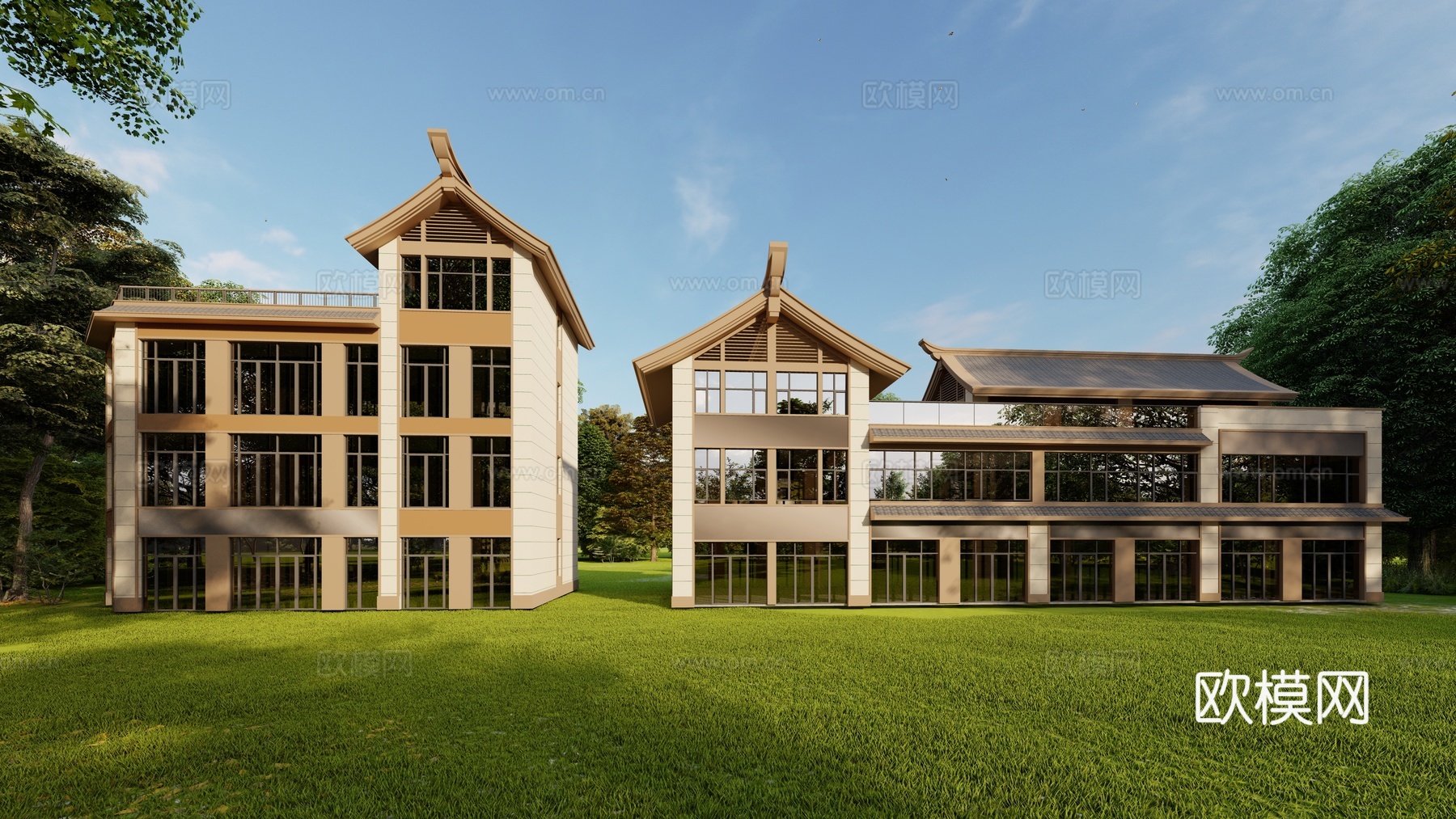 新中式商业建筑外观su模型下载