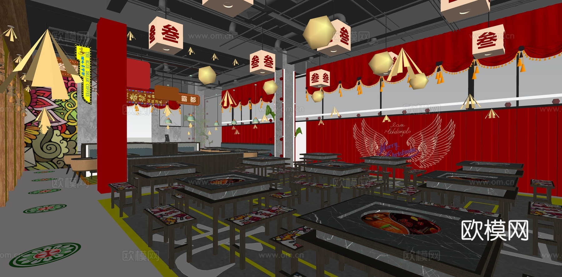 新中式火锅店su模型下载