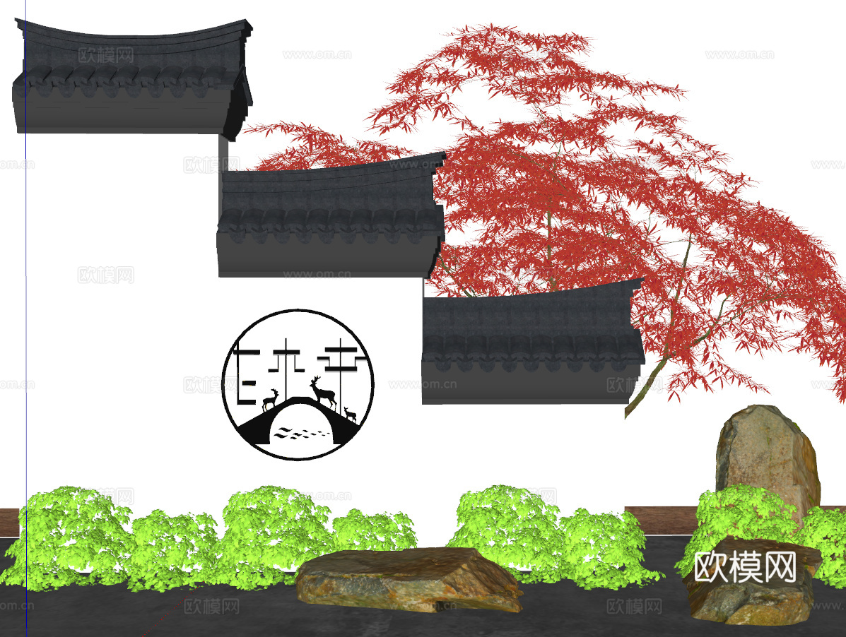 新中式景墙围墙su模型