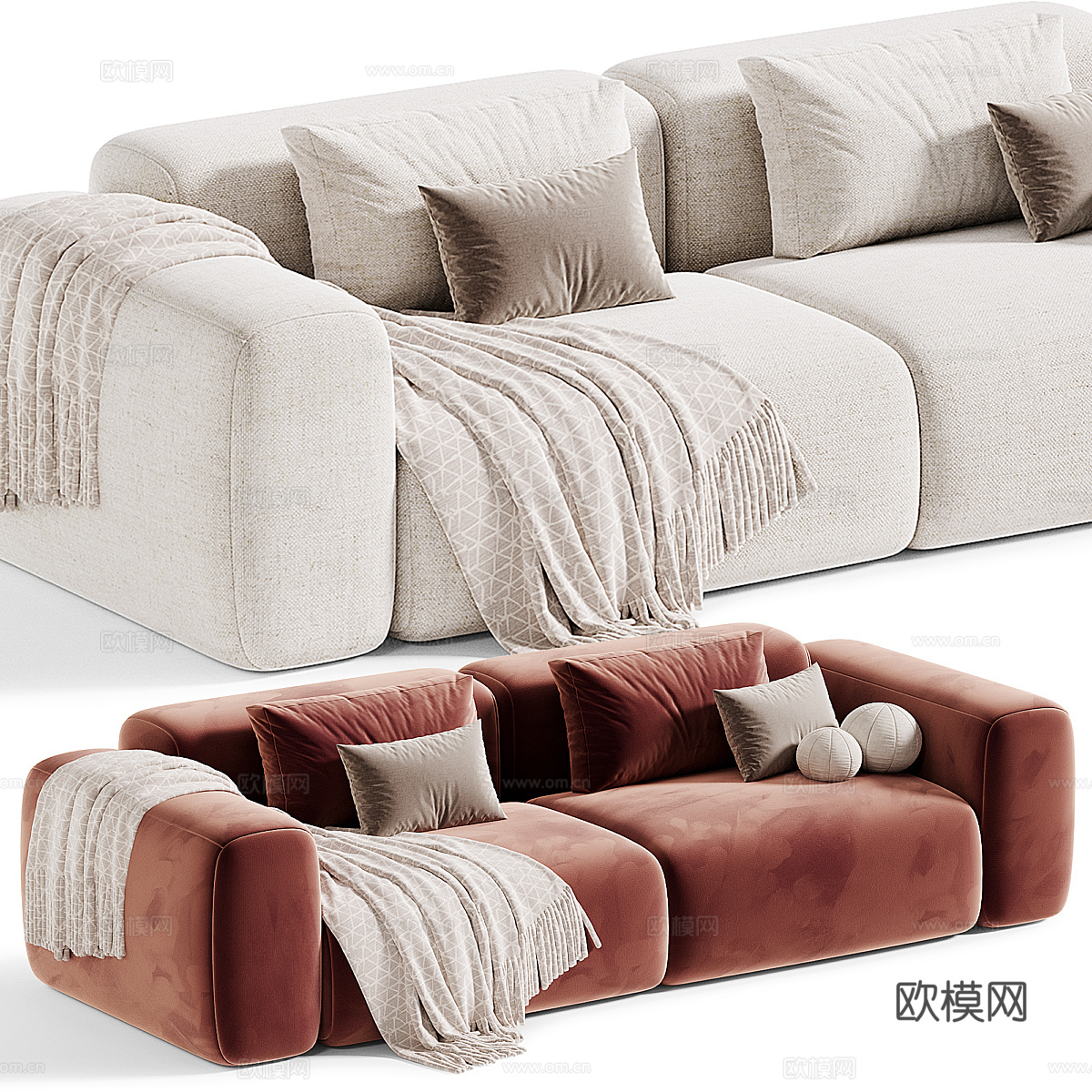 现代奶油风布艺组合休闲沙发3d模型
