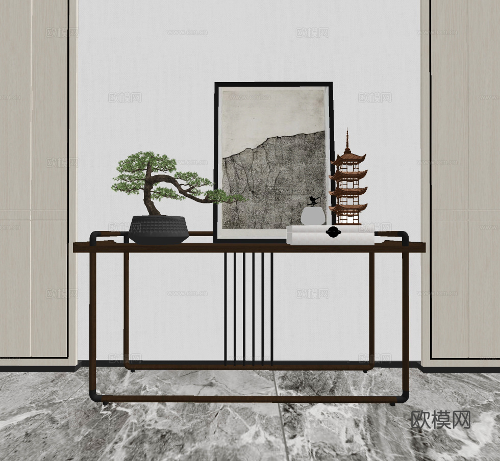 新中式实木端景条案su模型下载