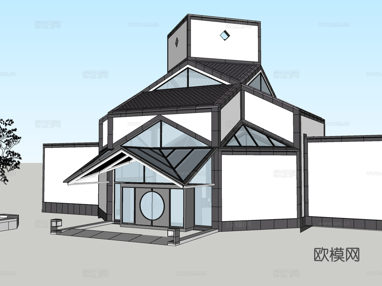 新中式博物馆建筑外观su模型下载