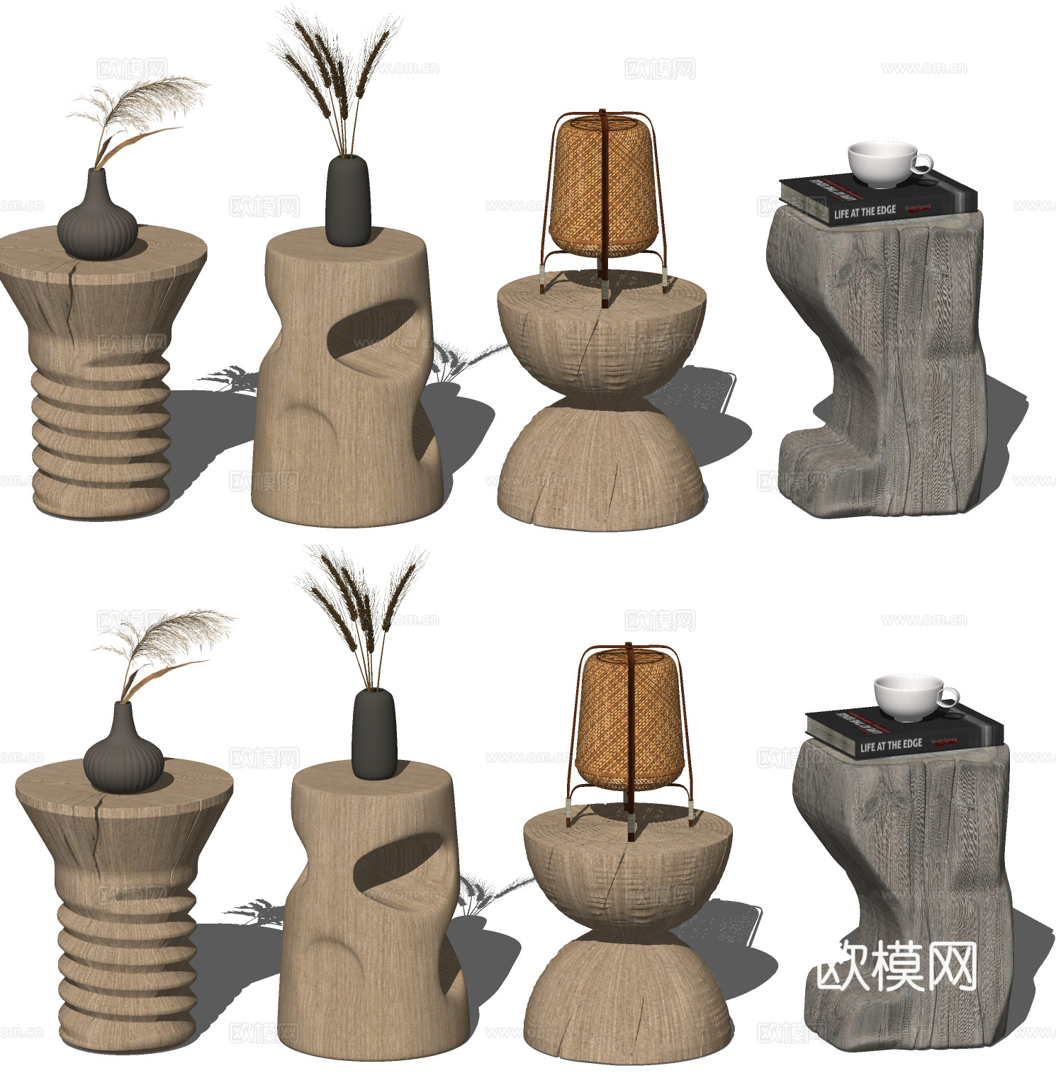 现代木头边几角几插花su模型下载