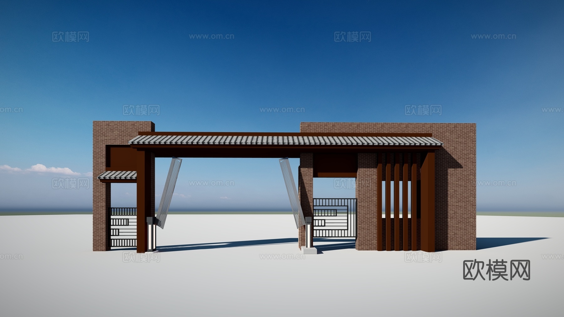 新中式小区入口大门su模型下载