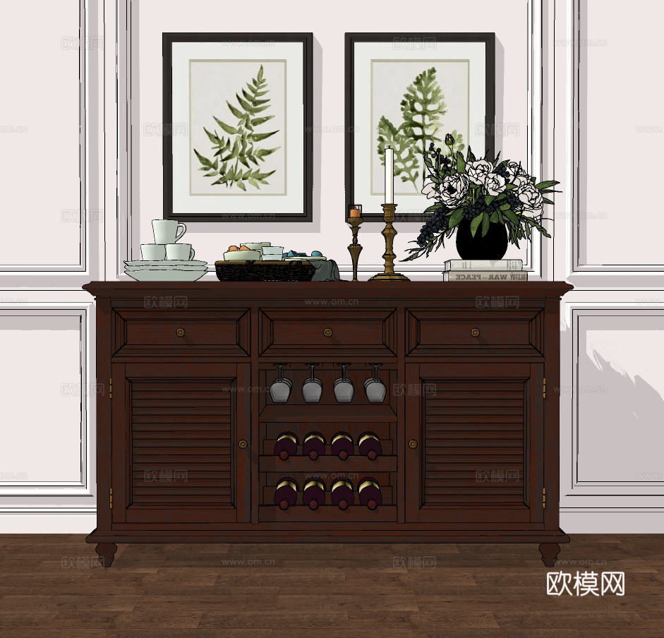 美式实木餐边柜su模型下载