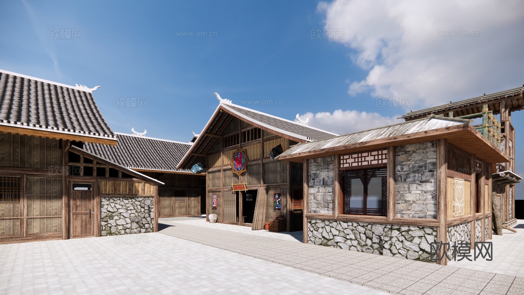 新中式乡村民房民宿建筑外观su模型下载