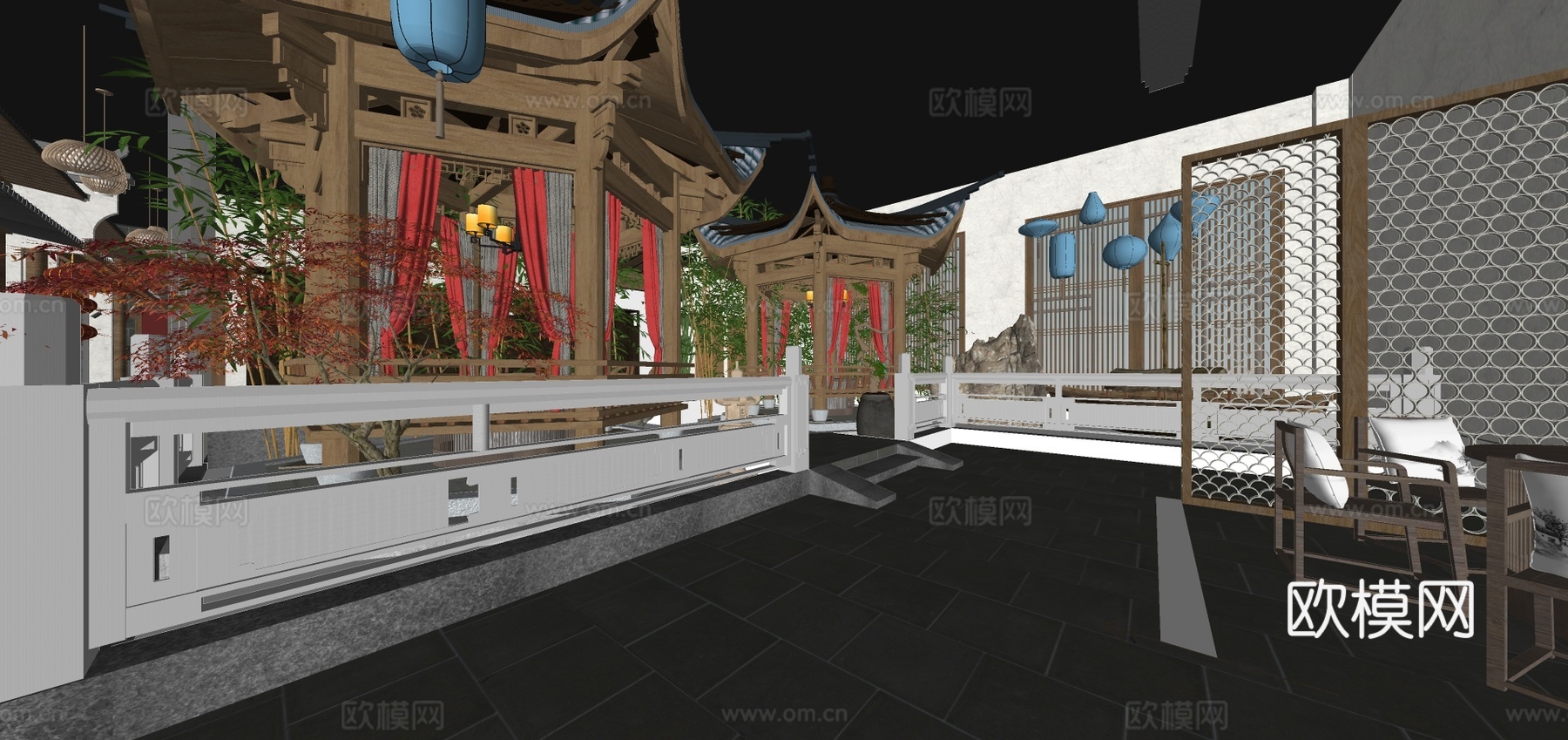 新中式中餐厅su模型下载
