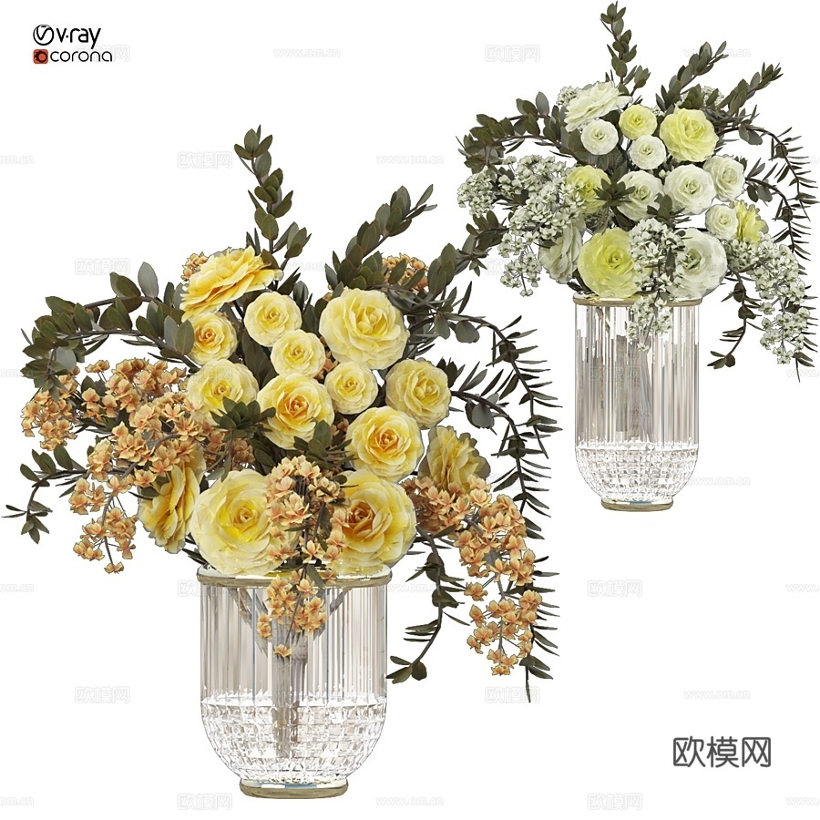 现代玫瑰花瓶插花su模型下载