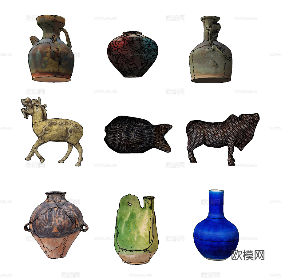 新中式古董陶瓷器皿su模型下载