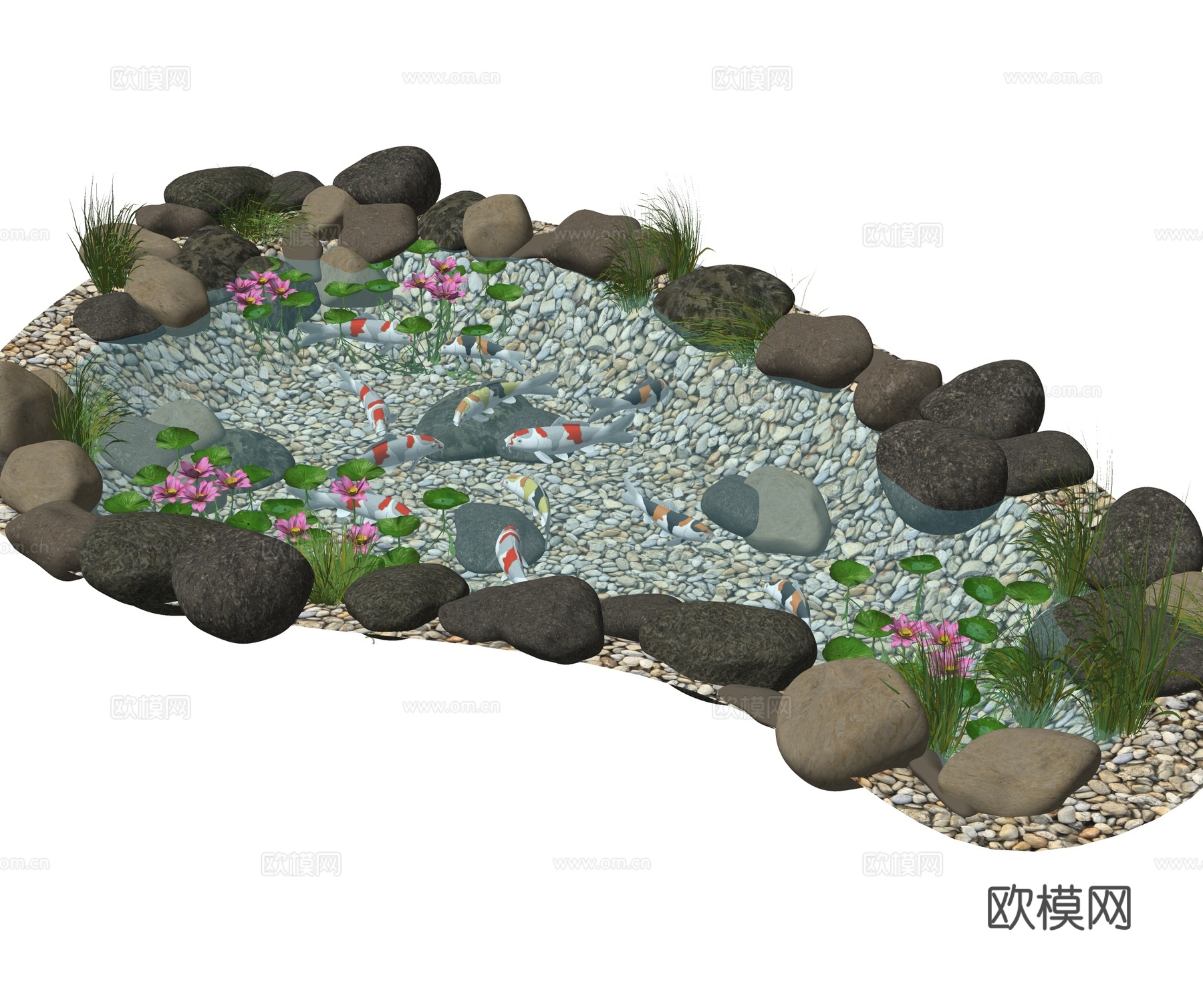 现代新中式滨水景观 现代水池鱼su模型