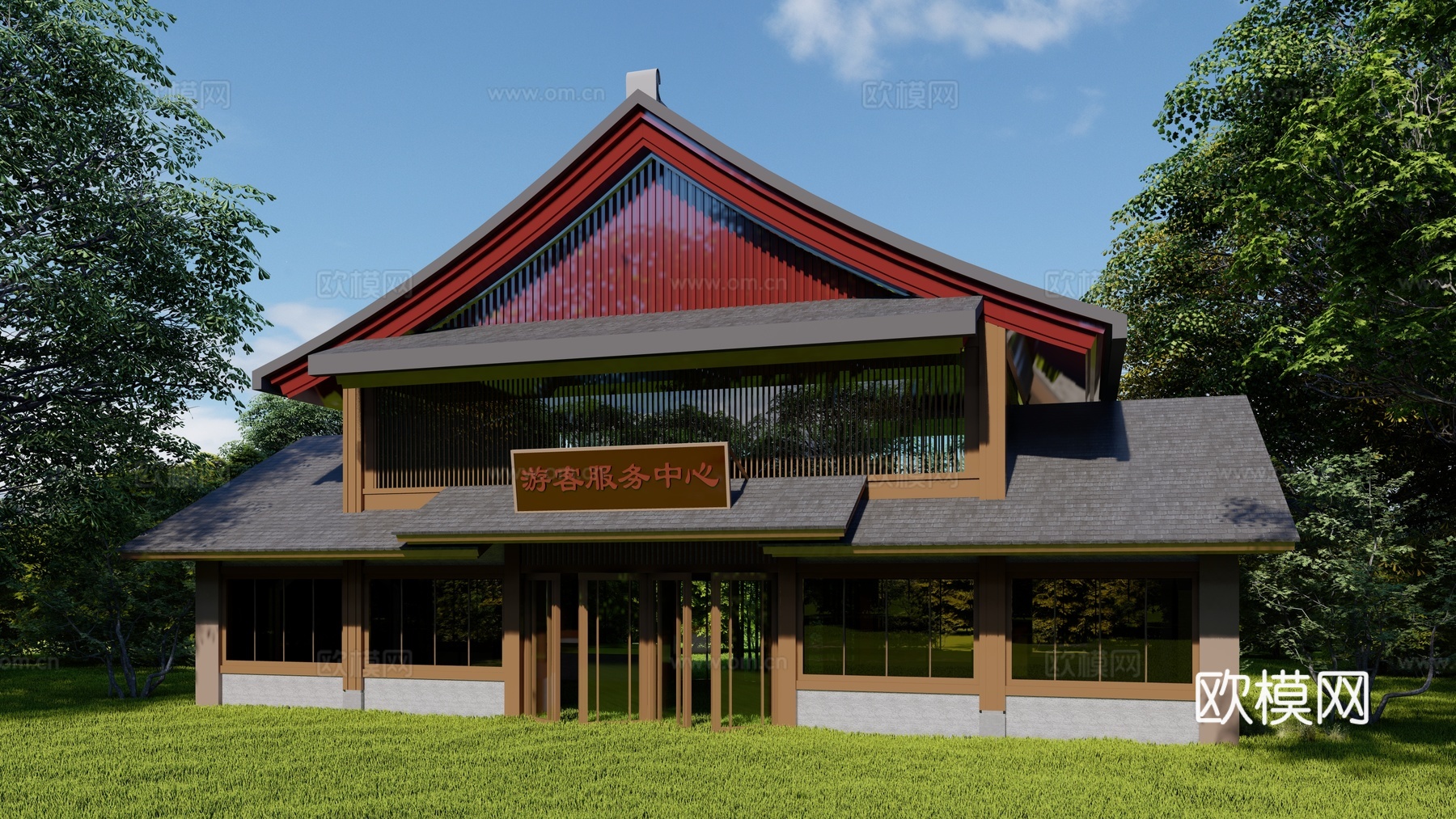 新中式游客服务中心建筑外观su模型下载