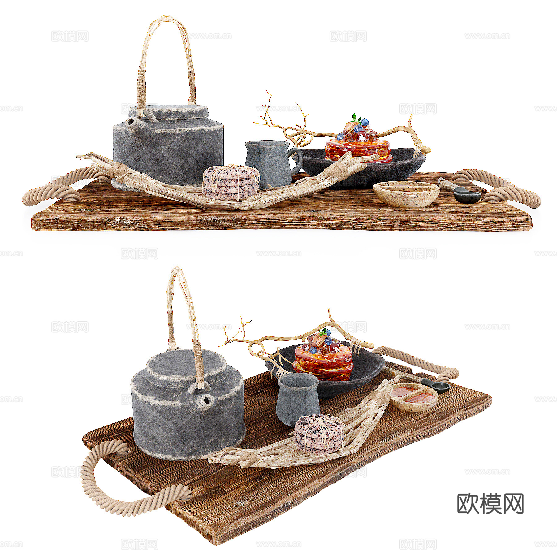 现代侘寂风茶壶茶杯托盘su模型下载