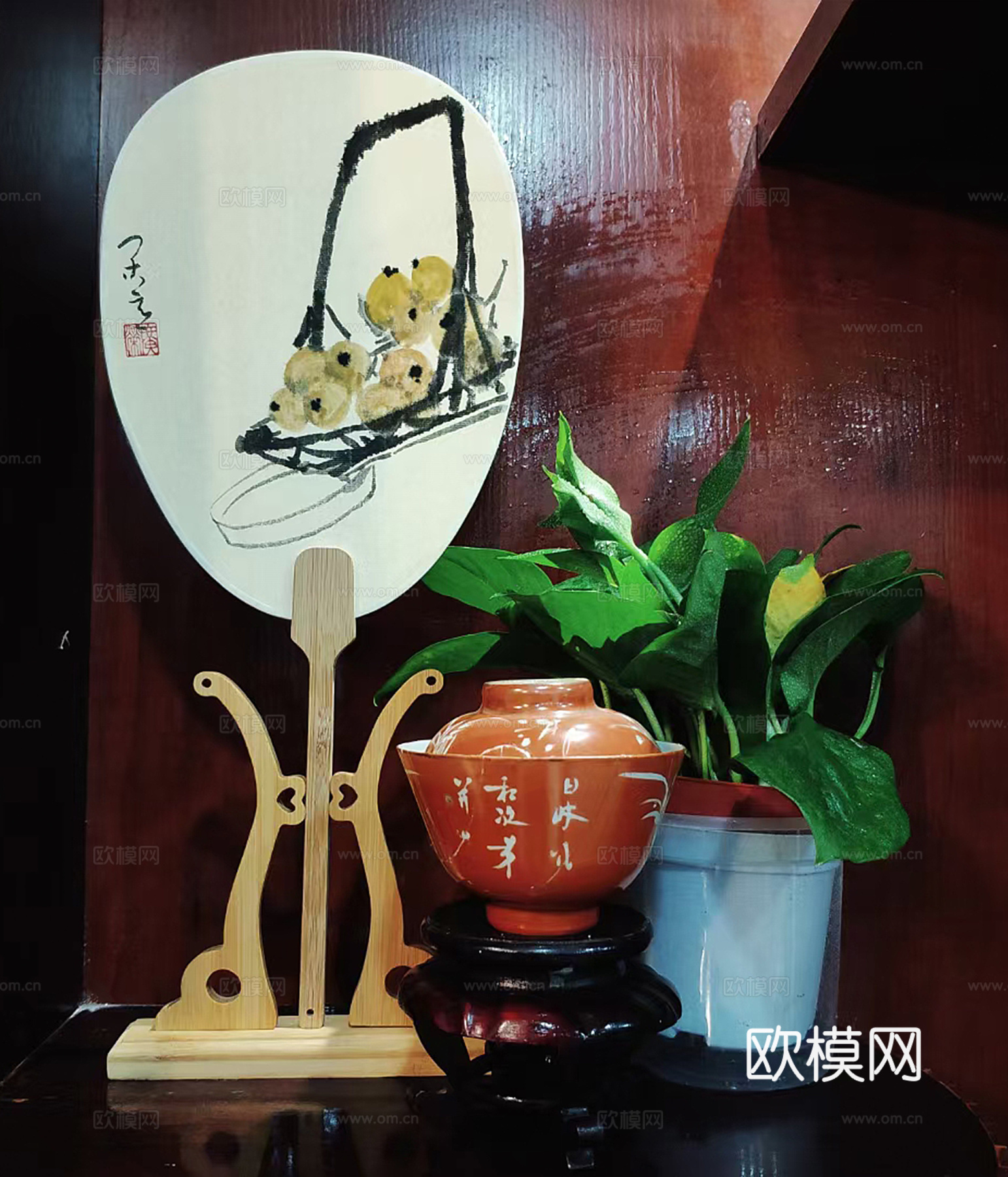 中式扇子摆件su模型下载