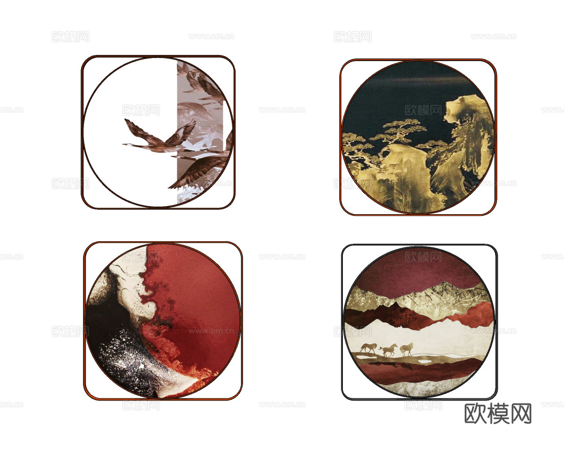 新中式山水挂画装饰画su模型下载