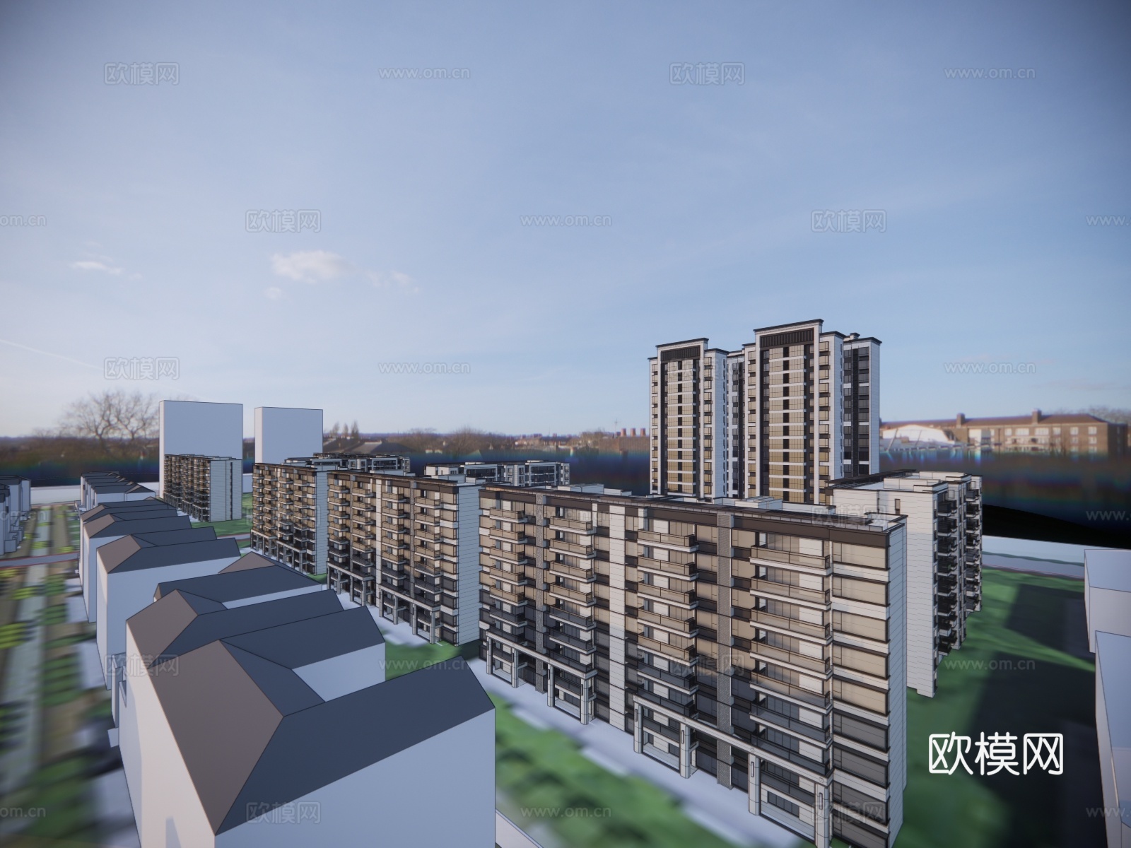 新中式住宅楼建筑外观su模型下载