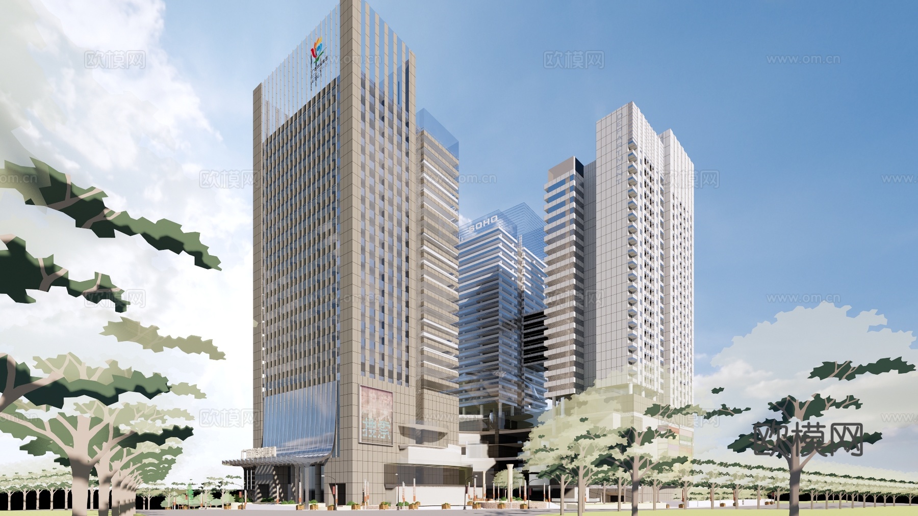 现代城市商务酒店建筑外观su模型下载