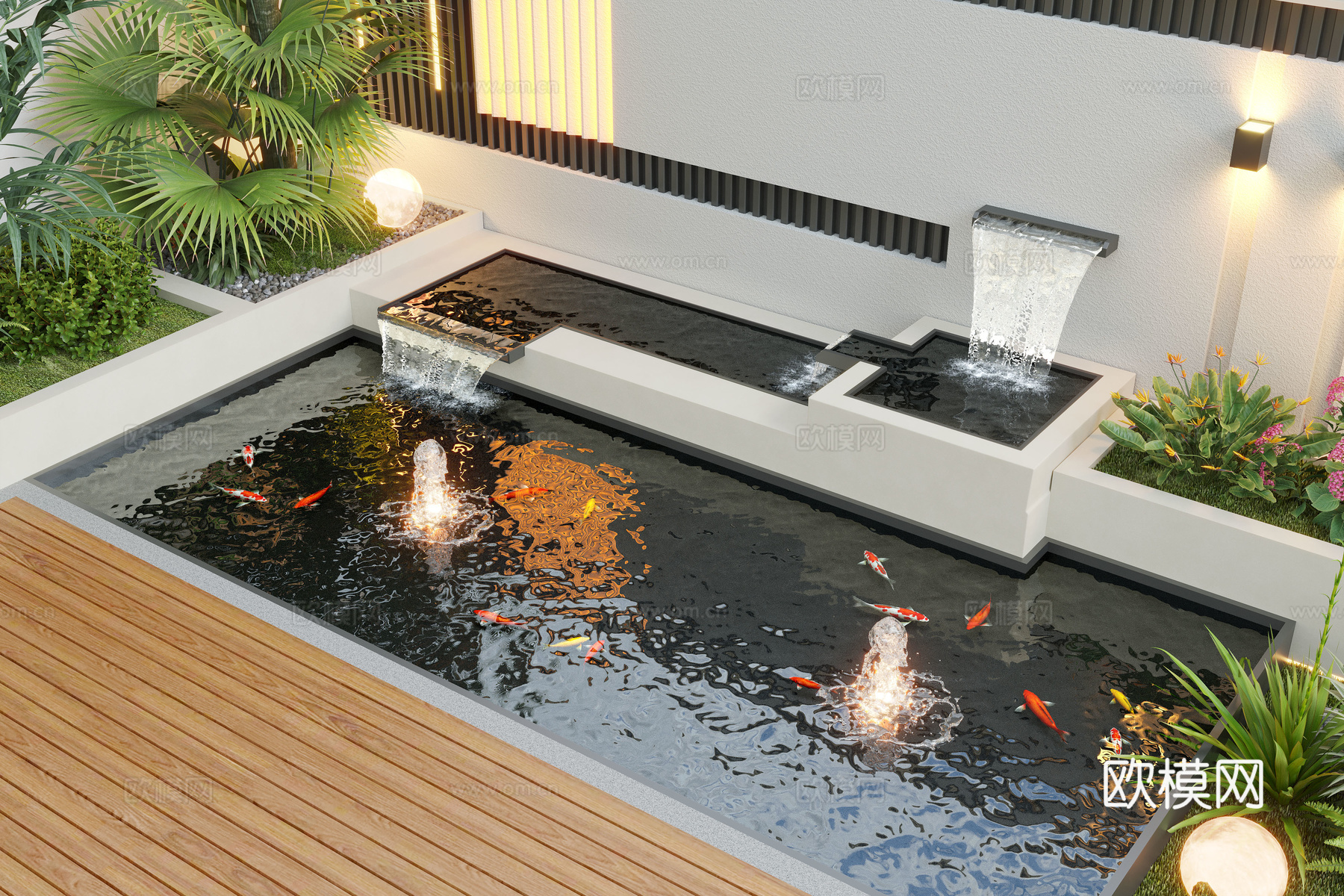 现代水景观 庭院水景 水钵 叠水 跌水3d模型