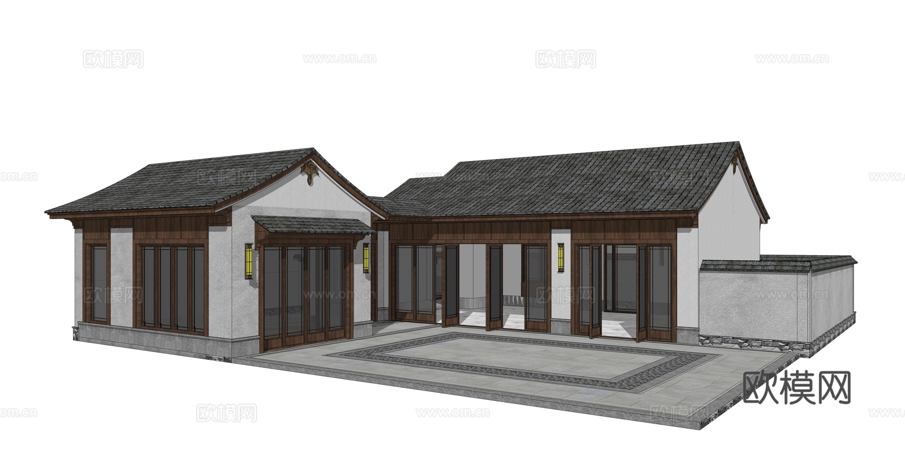 新中式民宿建筑外观su模型下载