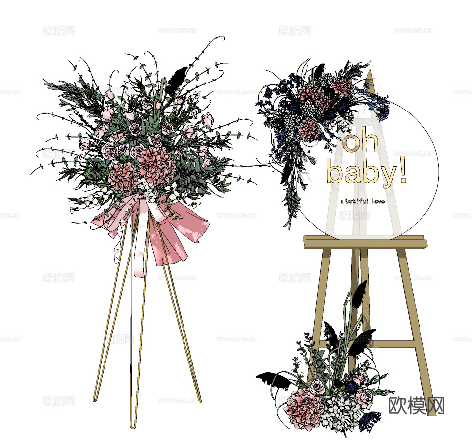 现代婚礼花艺花架美陈su模型下载
