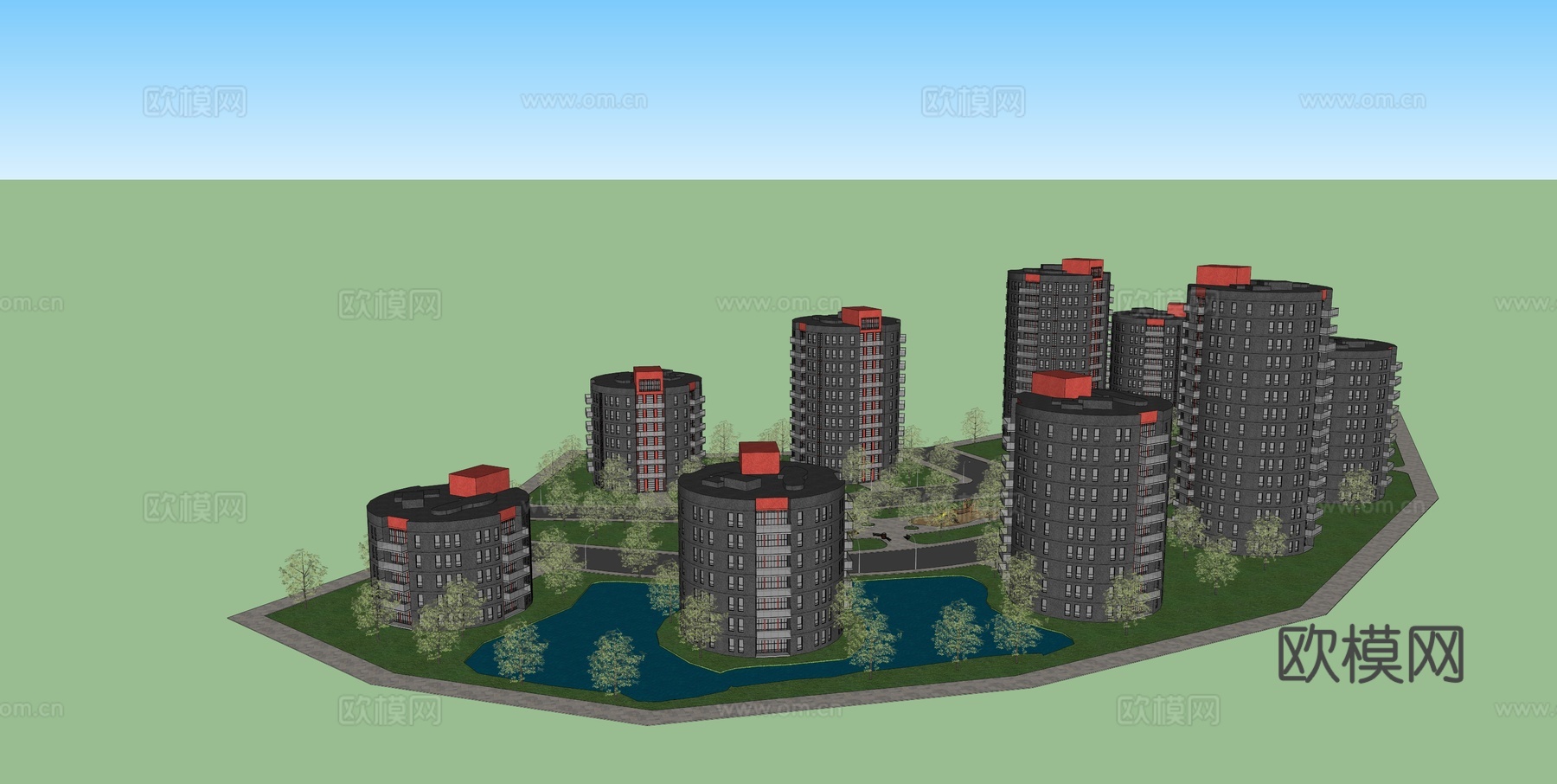 现代办公园建筑外观su模型下载