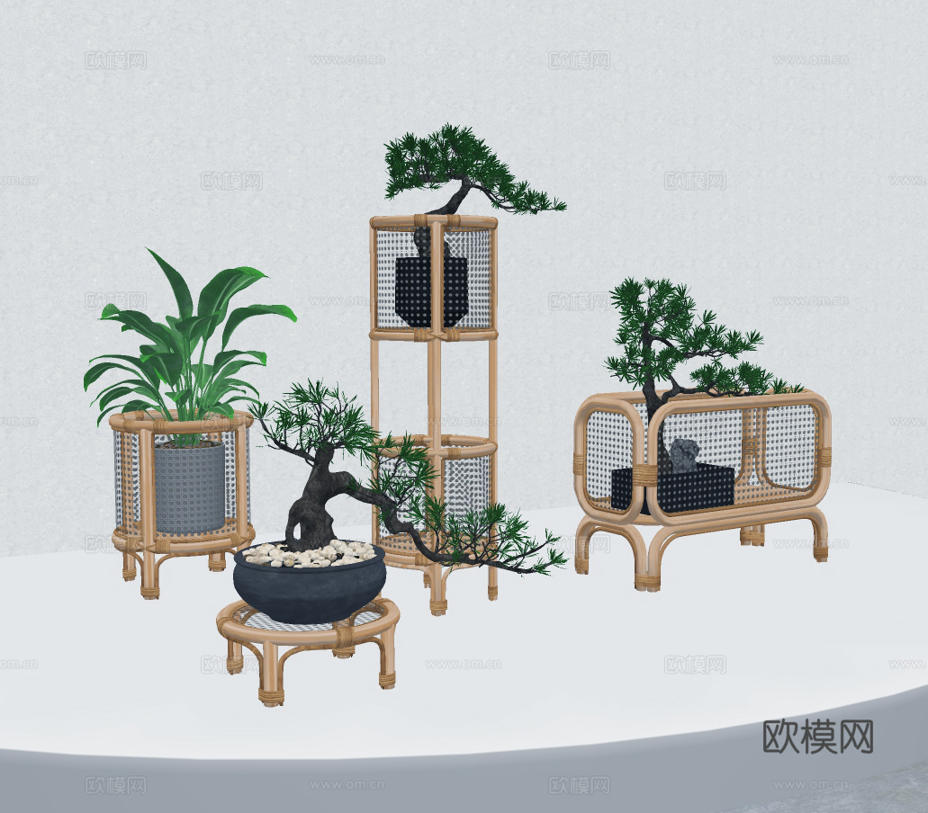 自然风藤编花架盆栽盆景su模型下载