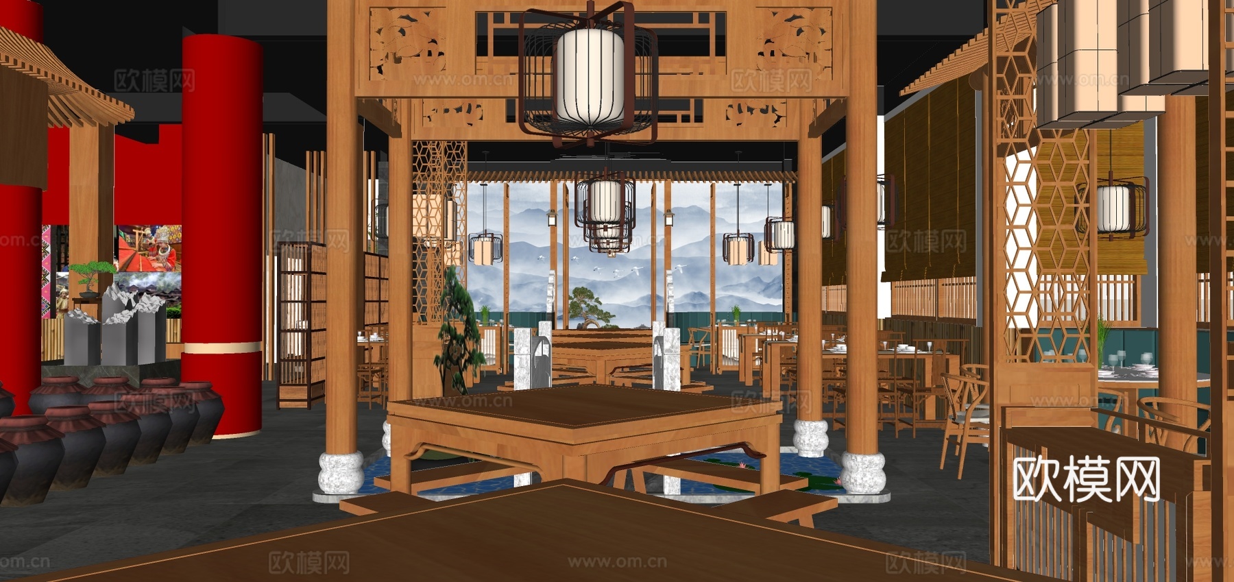 新中式中餐厅su模型下载下载（渲染图2）