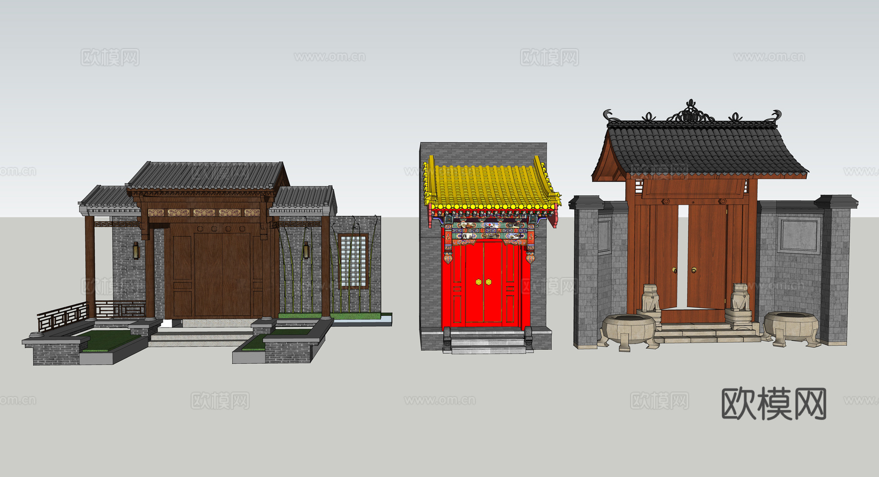 中式古建大门院门su模型下载