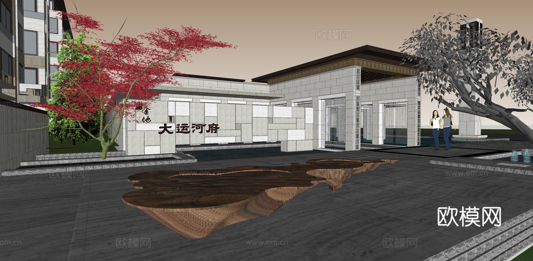 新中式小区大门入口su模型下载