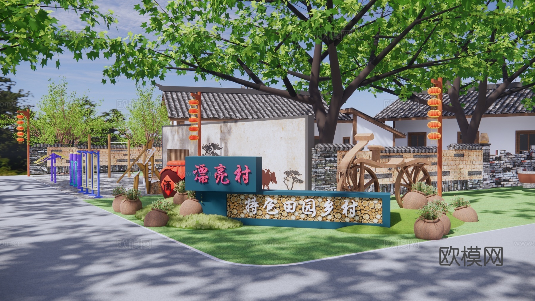 新中式乡村文化园艺小品su模型下载
