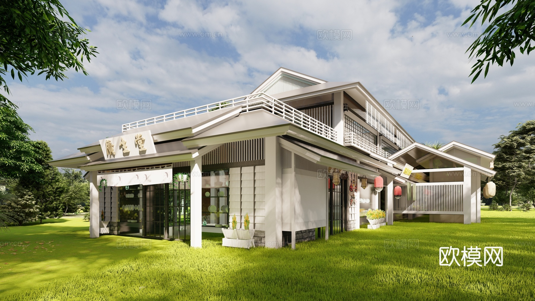 新中式商铺建筑外观su模型下载