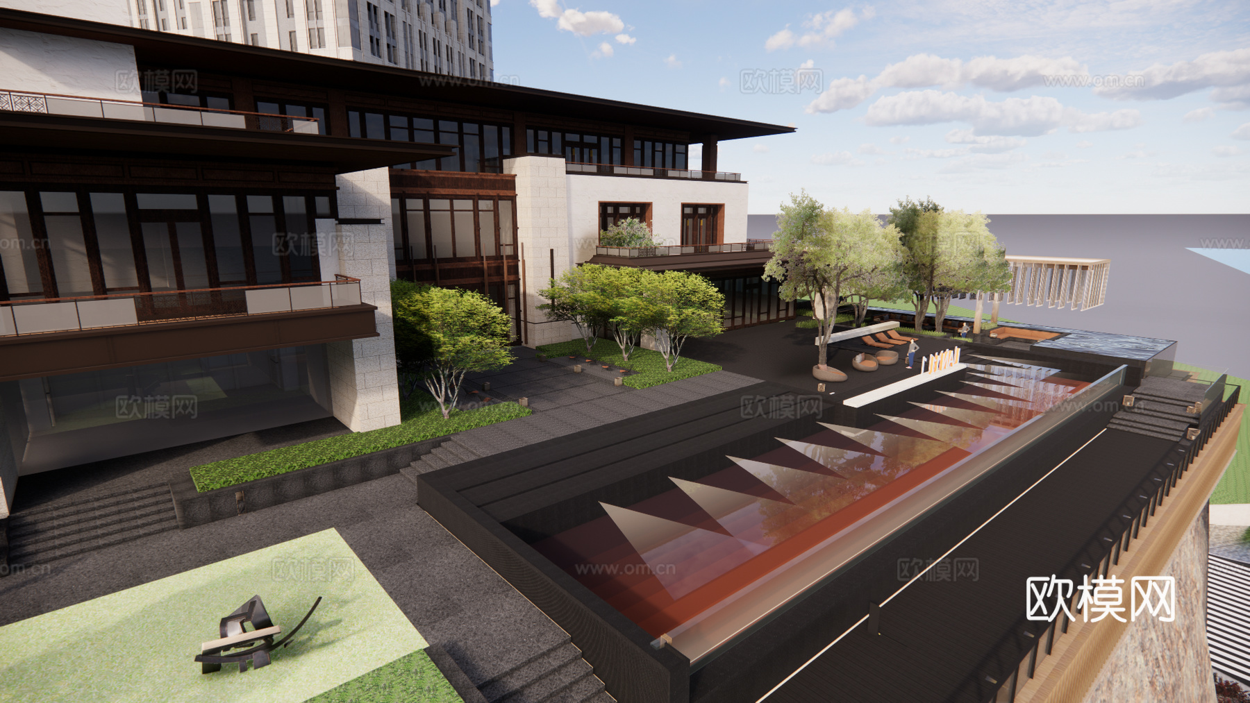 新中式小区售楼处su模型下载下载（渲染图1）