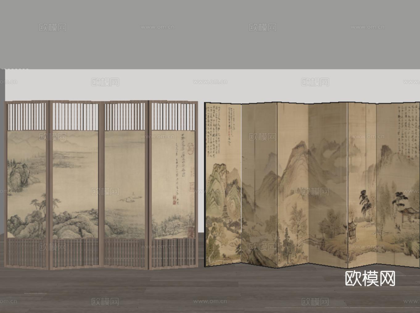 新中式屏风隔断 风景画屏风 木质屏风su模型