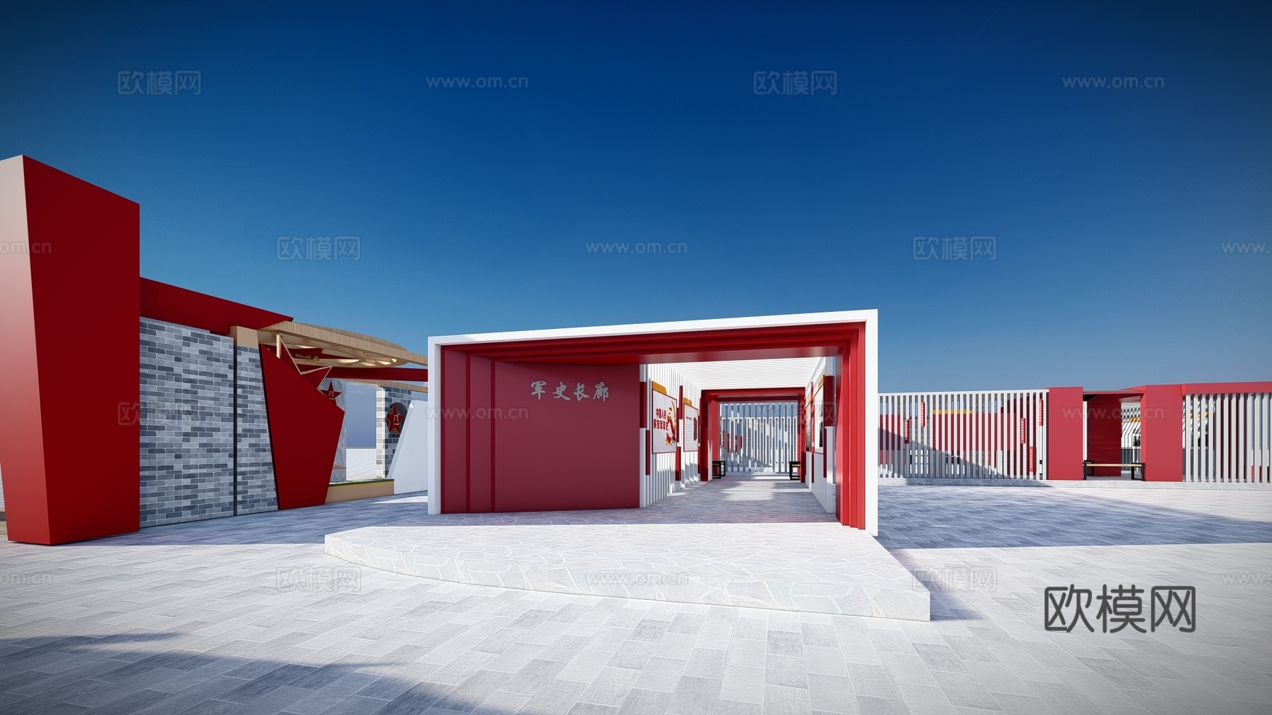 现代红色党建文化长廊景观小品su模型