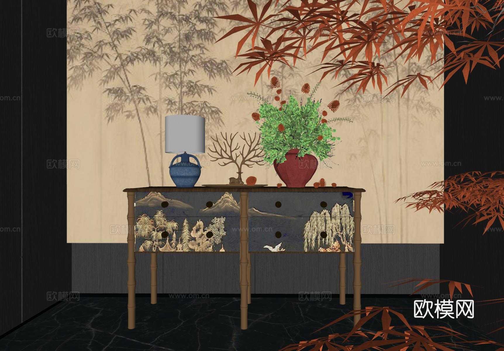 现代端景台 端景柜 花艺盆栽 玄关台 花艺摆台su模型