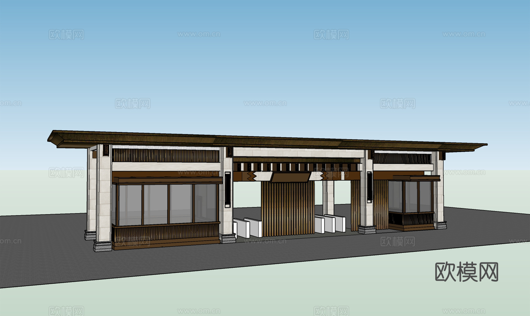 新中式小区入口大门su模型下载