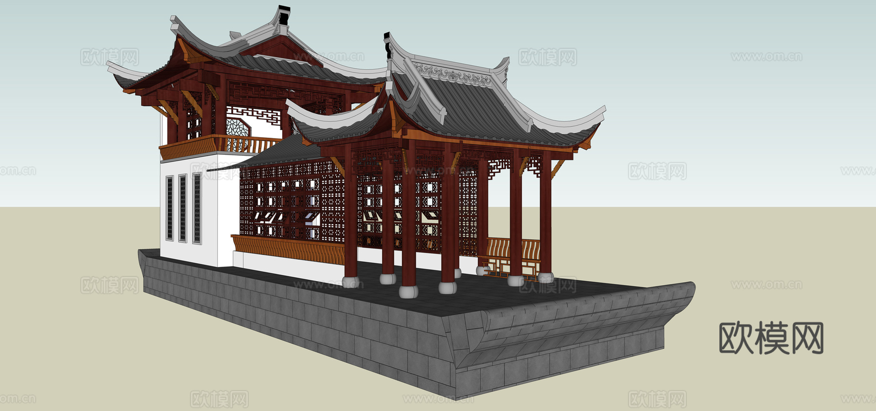 中式古建廊架凉亭su模型下载