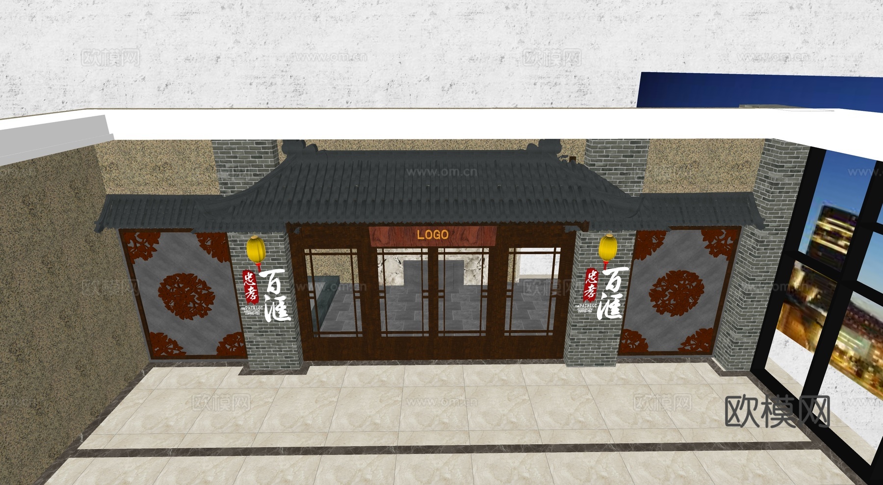 中式餐饮门头门面su模型下载