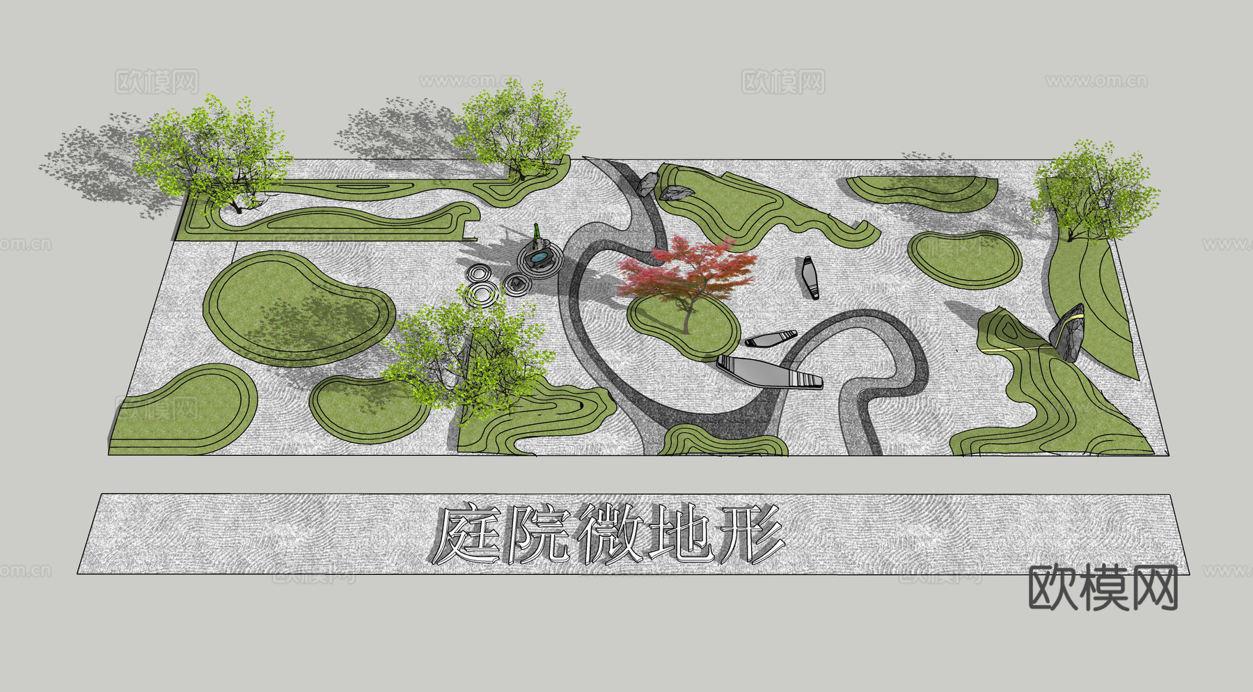 日式微地形园艺小品su模型下载
